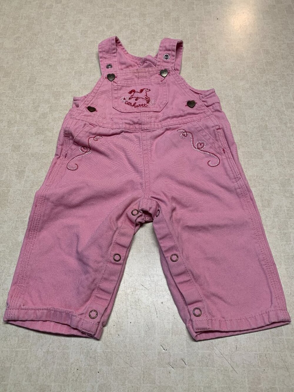 Carhartt Brand Size 6 Months Pink Embroidered Pony & Hearts Overalls Infant Bibs